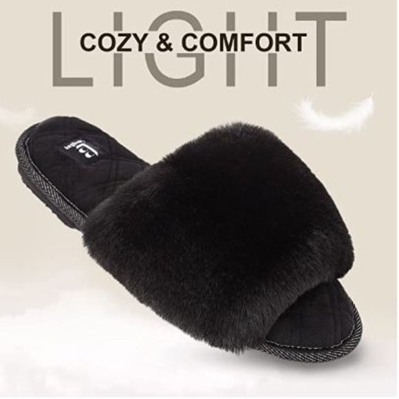 Women's Fuzzy Faux Fur Memory Foam Cozy Flat Spa Slide Slippers  Comfy Open Toe - Picture 1 of 4